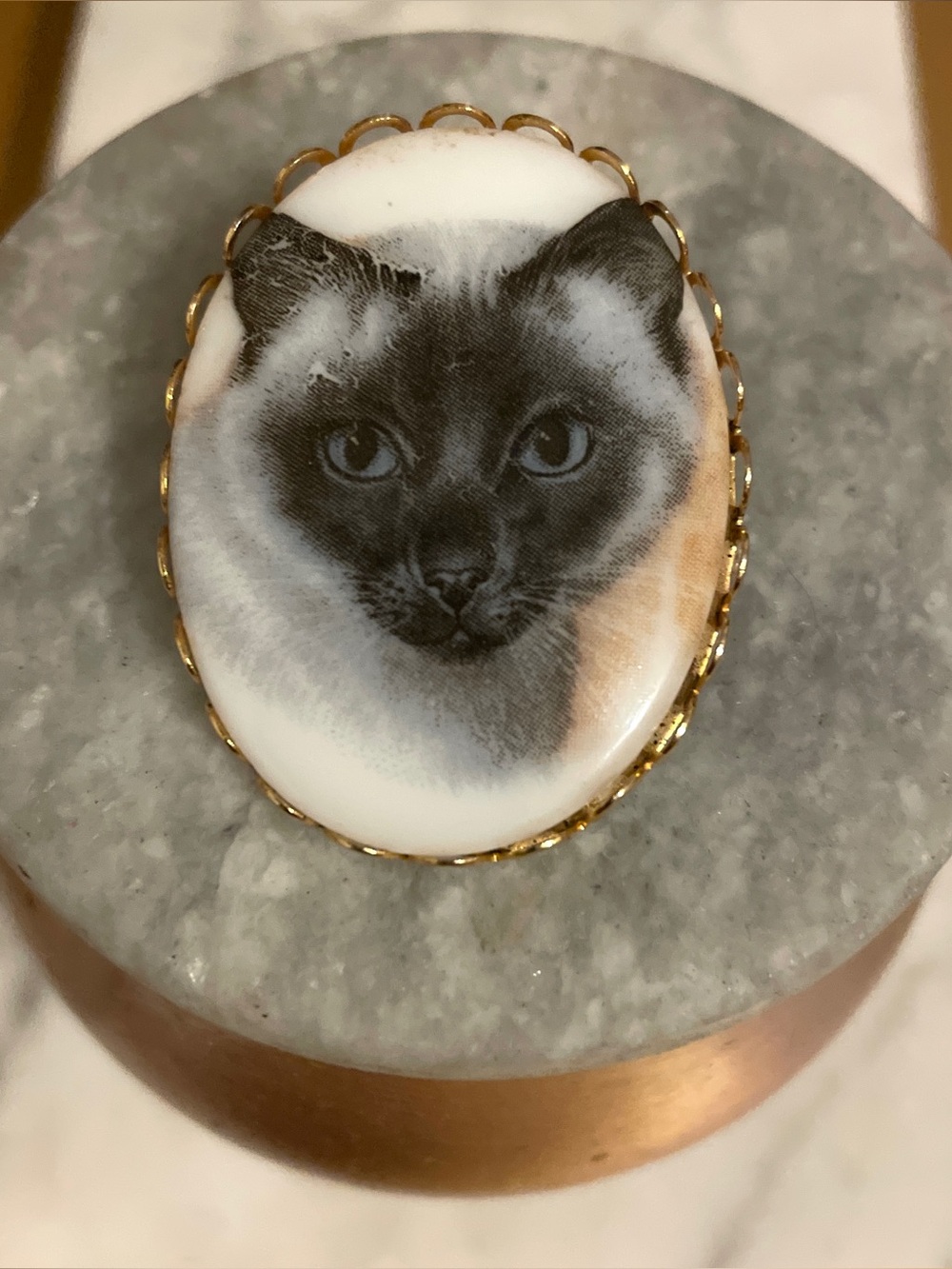 VTG  Siamese Cat Cameo Brooch Pin - Unbranded Gold Tone Scalloped Bezel Frame